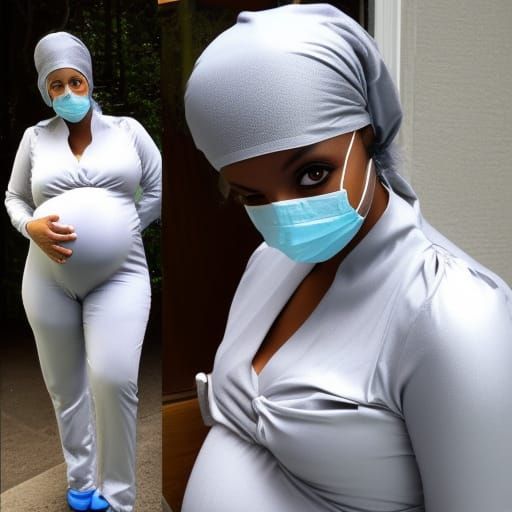 Futuristic Pregnant Nurse in Silver Catsuit