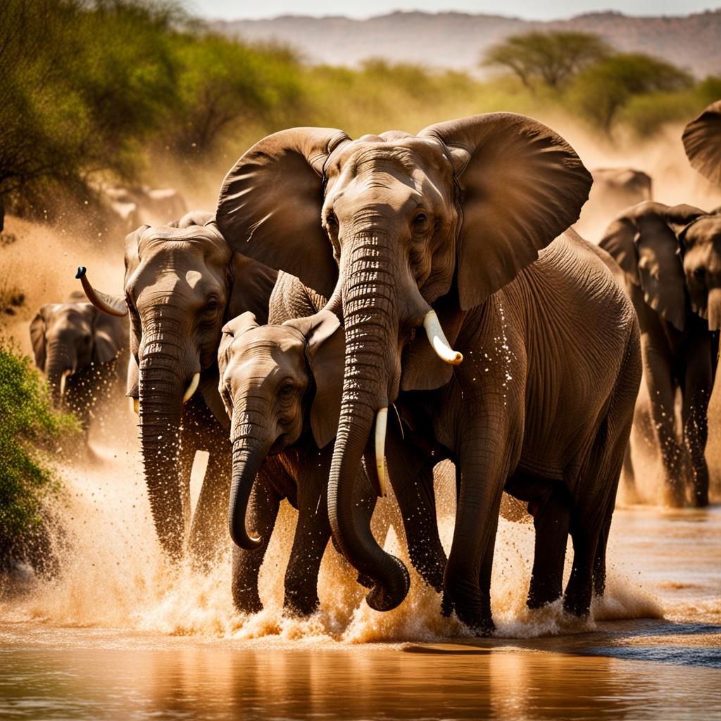 Elephants Splashing in a Wadi with Calves