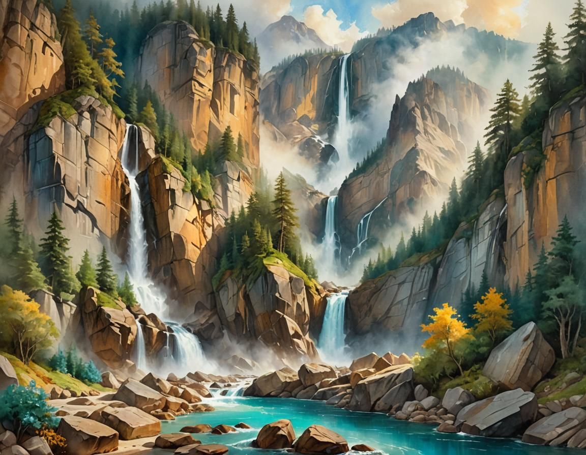 Majestic Rocky Mountain Waterfall: Watercolor Painting
