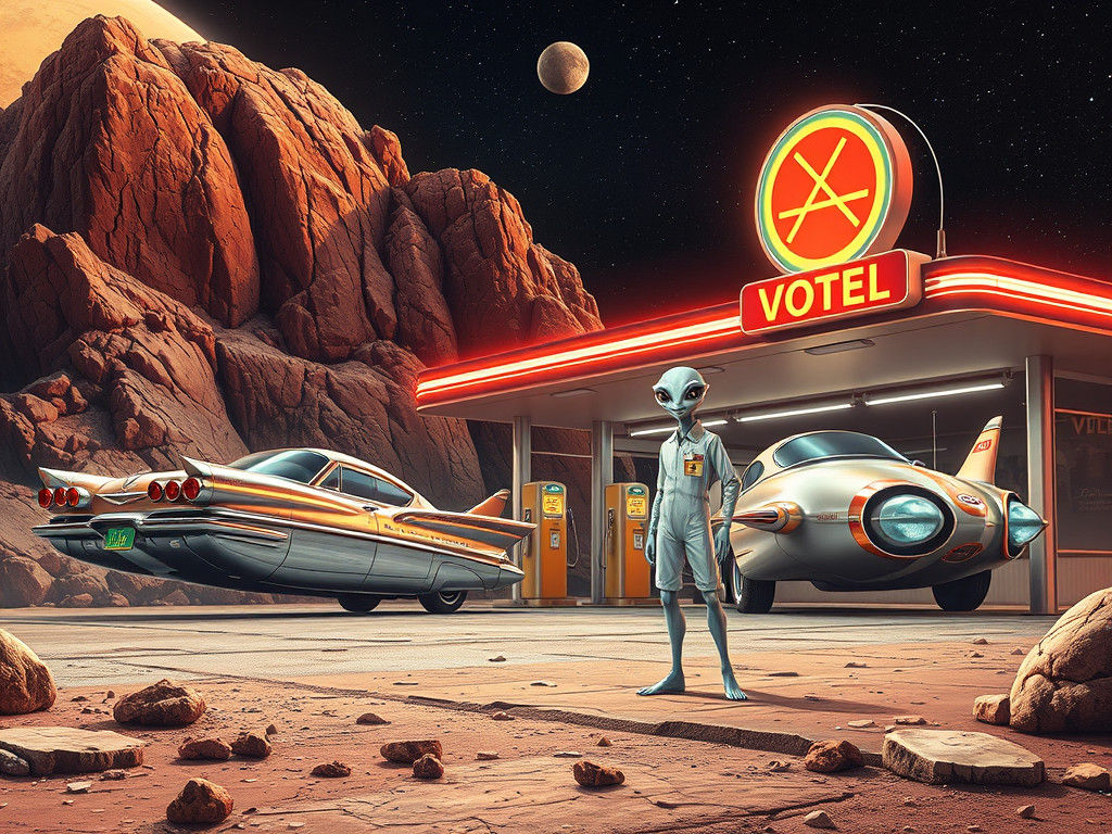 Retro-Futuristic Gas Station on Asteroid in Space