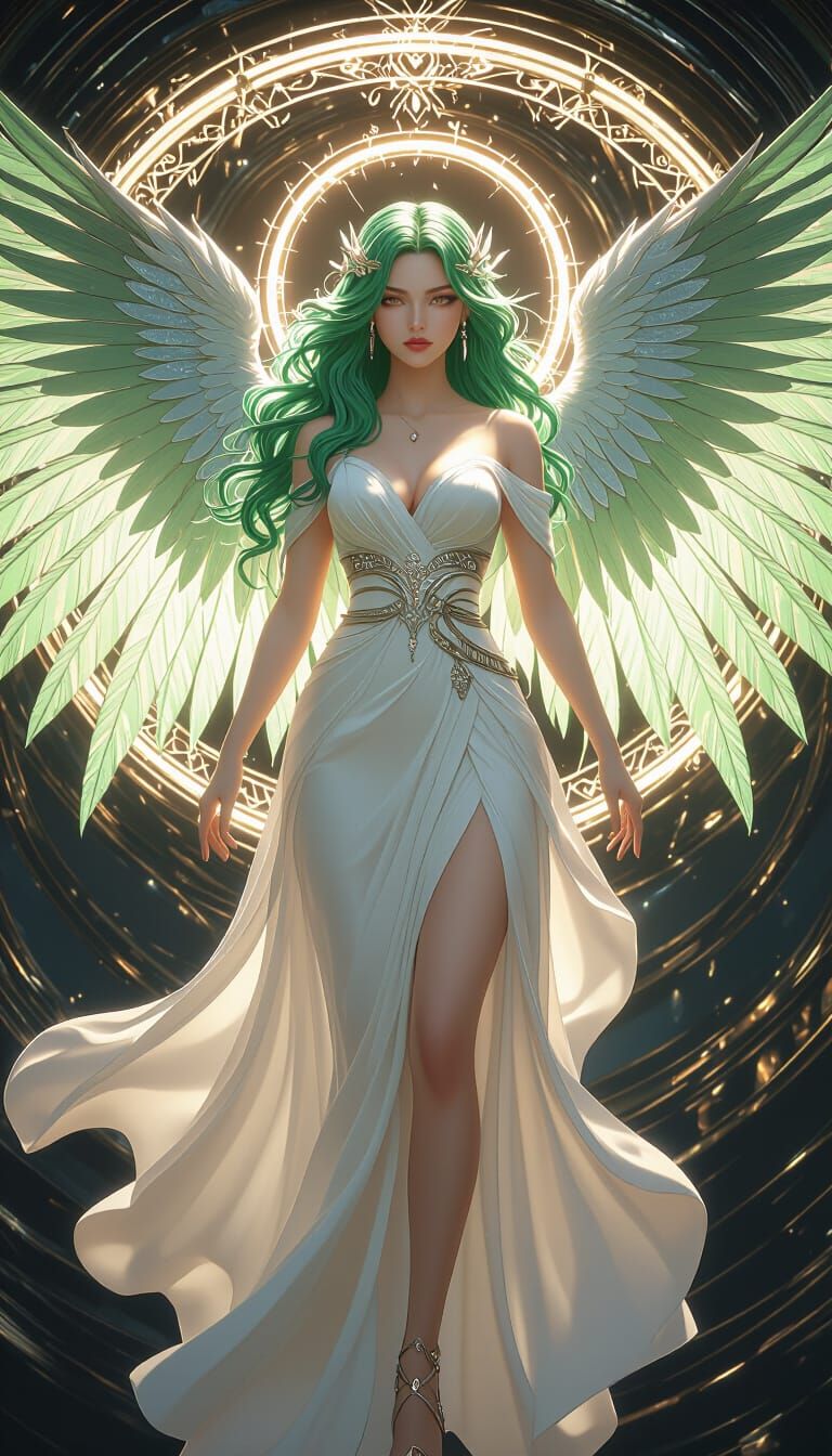 Androgynous Angel with Green Hair in Fantasy Realism