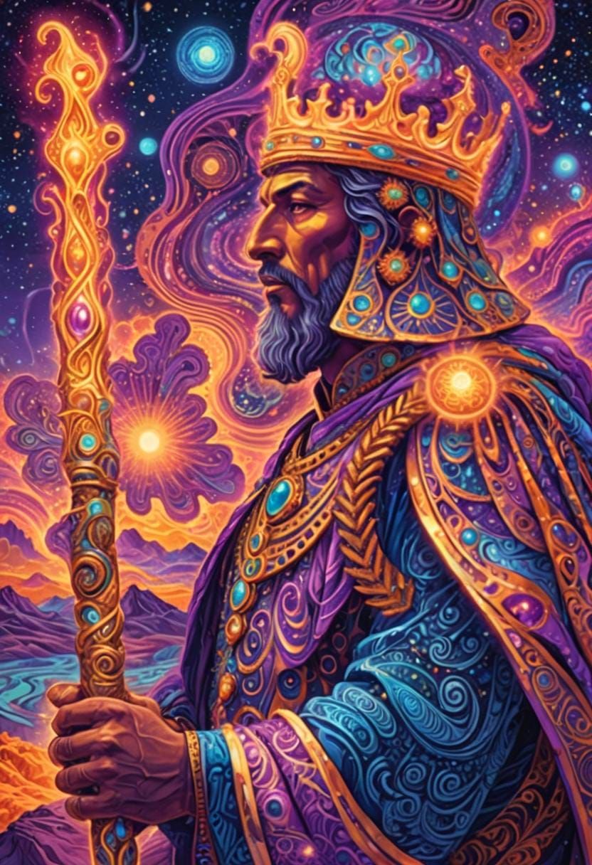 Mystical King with Magic Staff in Abstract Desert