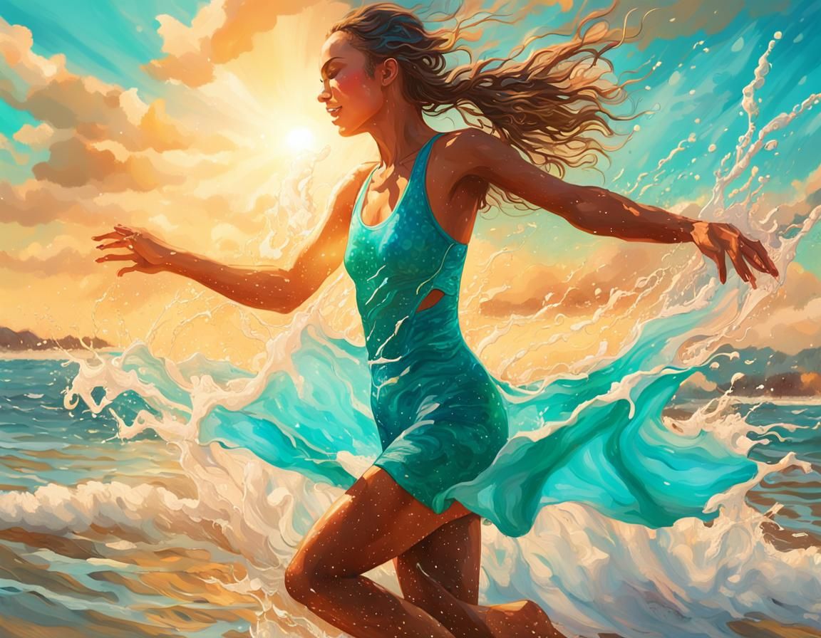 Woman Dancing on Summer Beach, Hyperrealistic Splash Art
