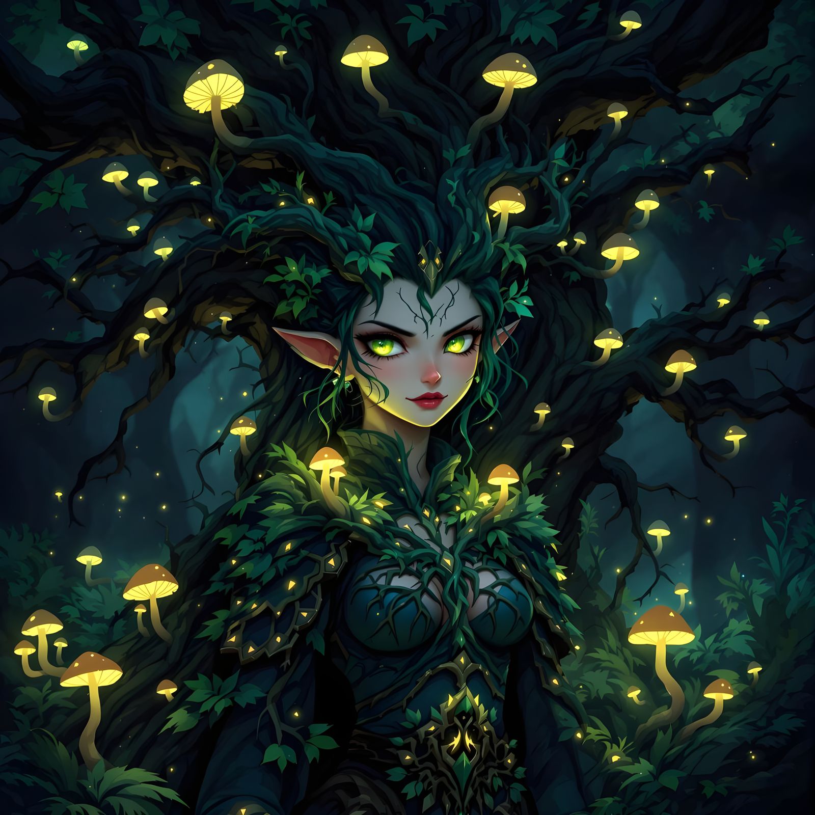 Anime-Styled Dark Fantasy Druidess Under Starlight