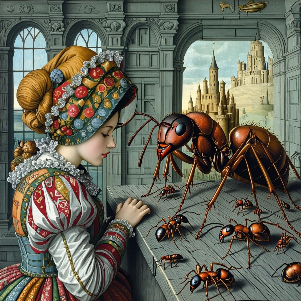 Renaissance Woman and Giant Ants: Dürer-esque Scene