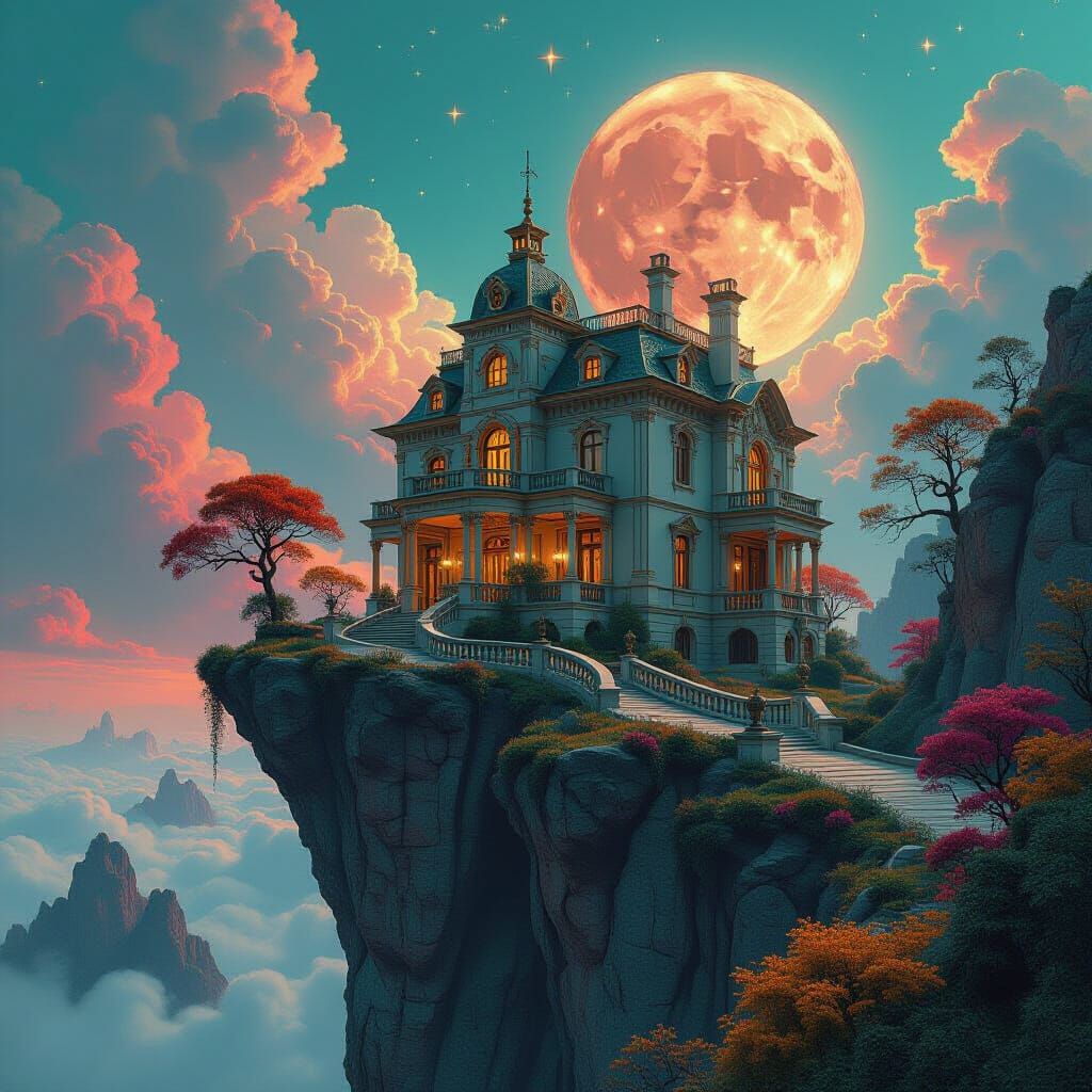 Surreal Mansion on Cliff Edge in Dreamlike Style