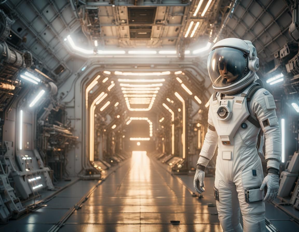 Futuristic Astronaut in Hangar: Photorealistic Digital Art