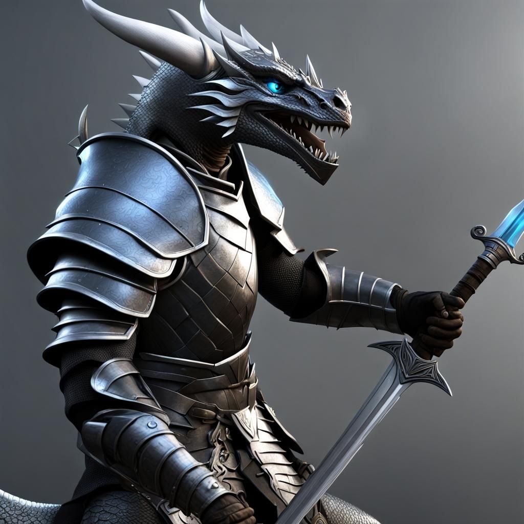Silver Dragonborn Knight Portrait in 3D Digital Art
