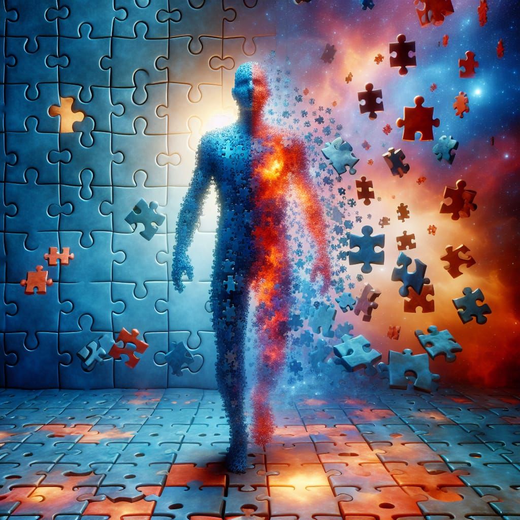 Humanoid Puzzle Figure Emerges from Puzzle Wall