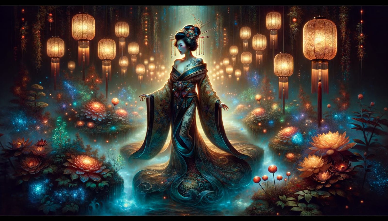 Geisha in Bioluminescent Celestial Garden, Mystic Surrealism