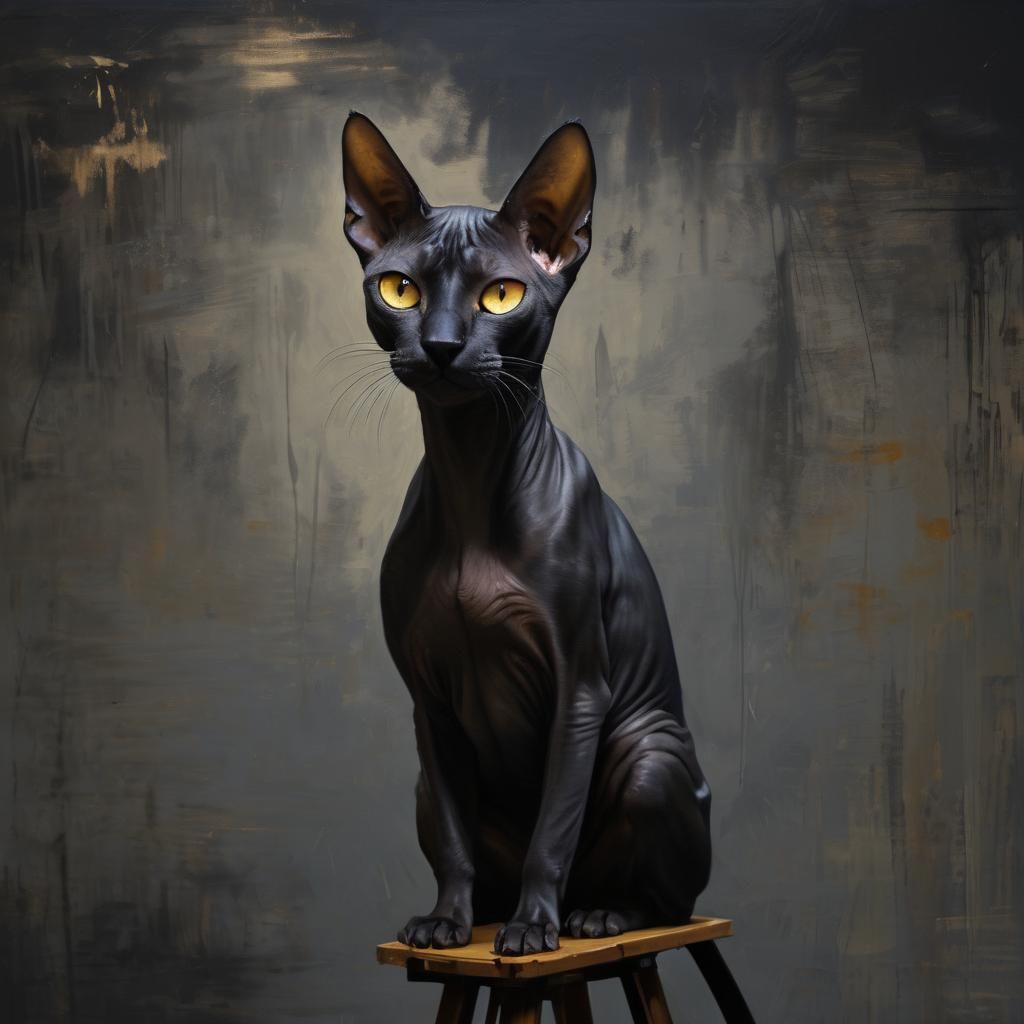 Black Sphinx Cat Painting with Golden Highlights