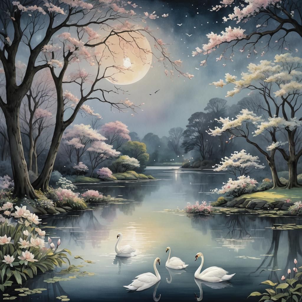 Moonlit Lake Scene with Swans in Impressionist Style