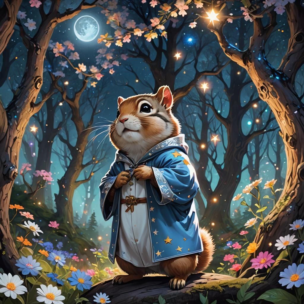 Chipmunk Mage in Magical Forest, Art Nouveau Style