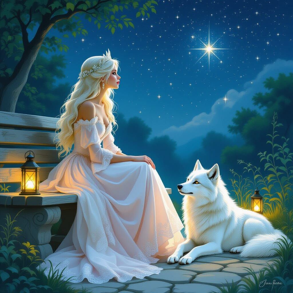Princess and Wolf Under Starry Sky, Fantasy Art
