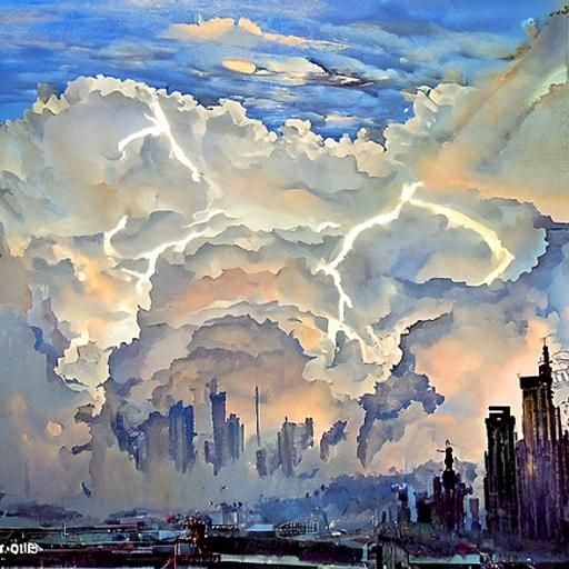 City in the Sky Thunderstorm: Oil and Watercolor Painting