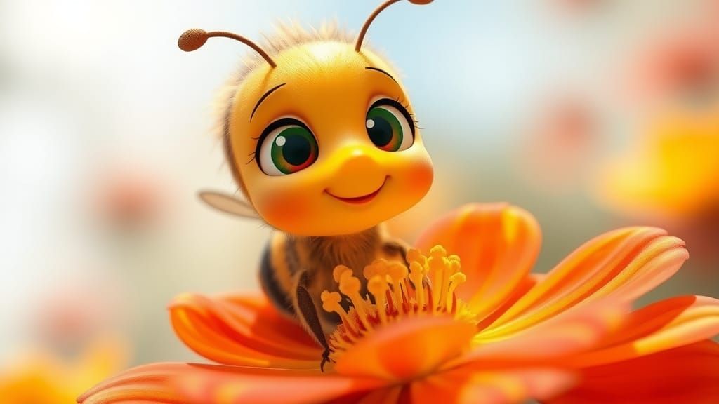 Adorable Baby Bee Over Honey Flower, Animated Style