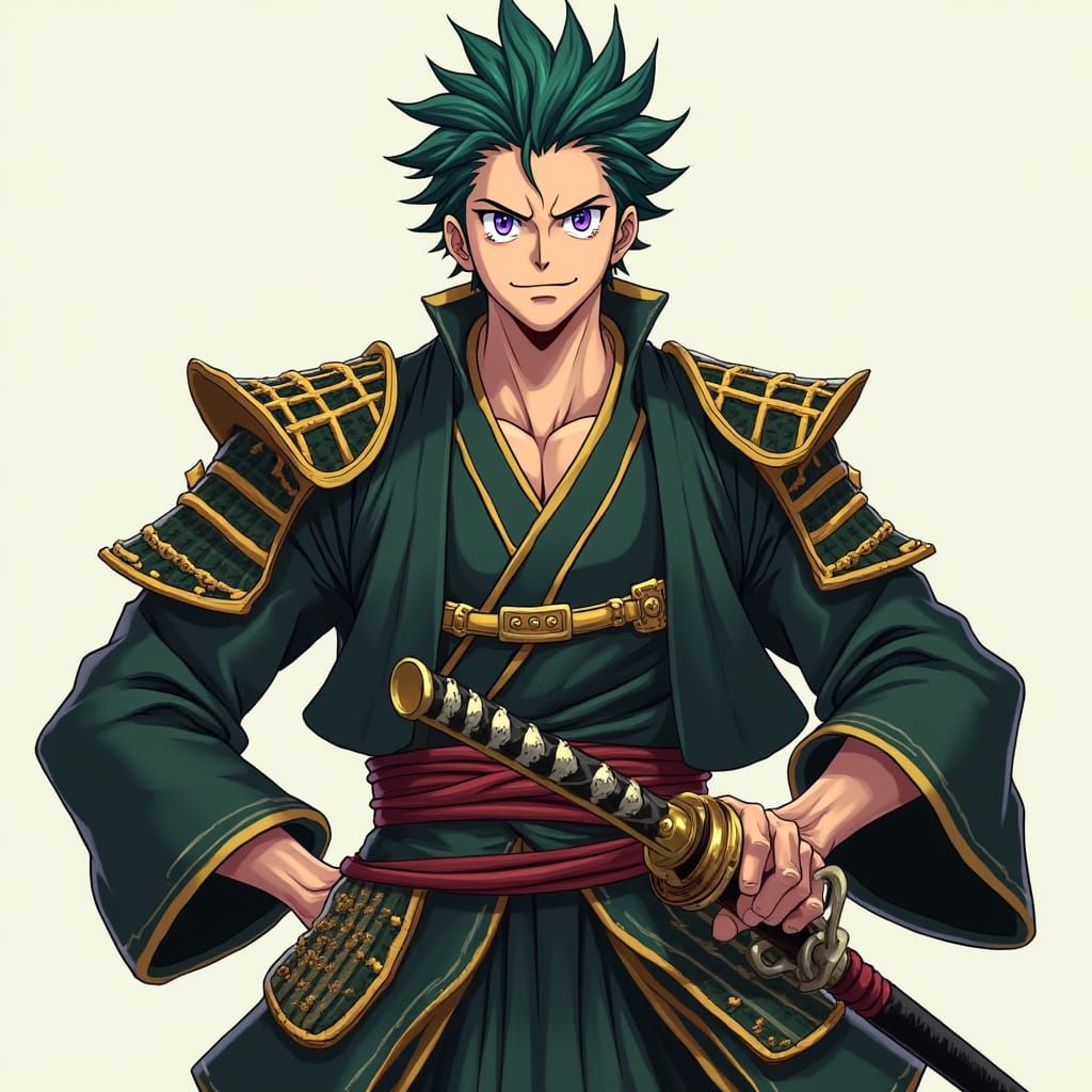 Samurai Warrior in Dark Green and Violet, with Golden Armor ...