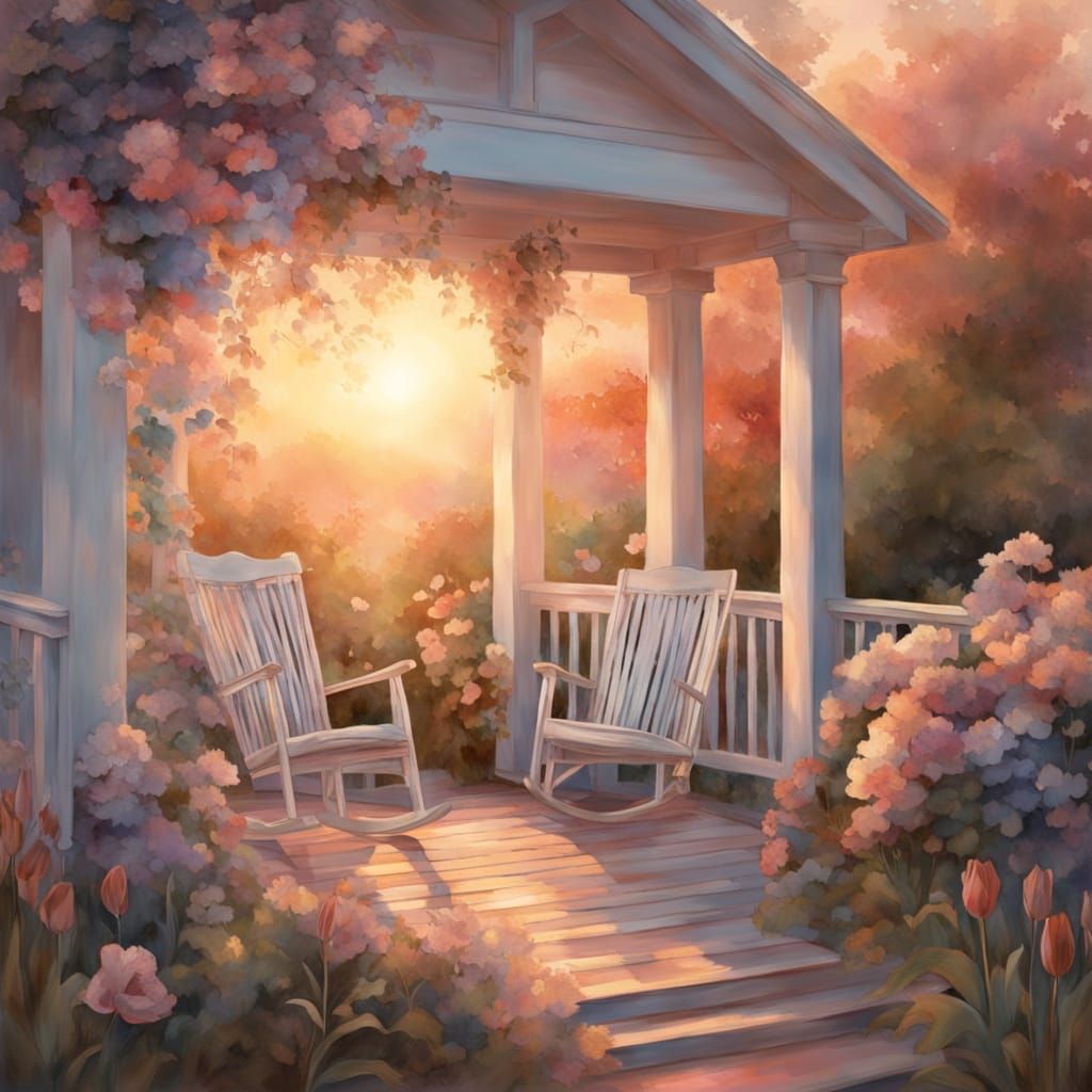 Watercolor Southern Porch Scene with Vibrant Flowers and Bir...