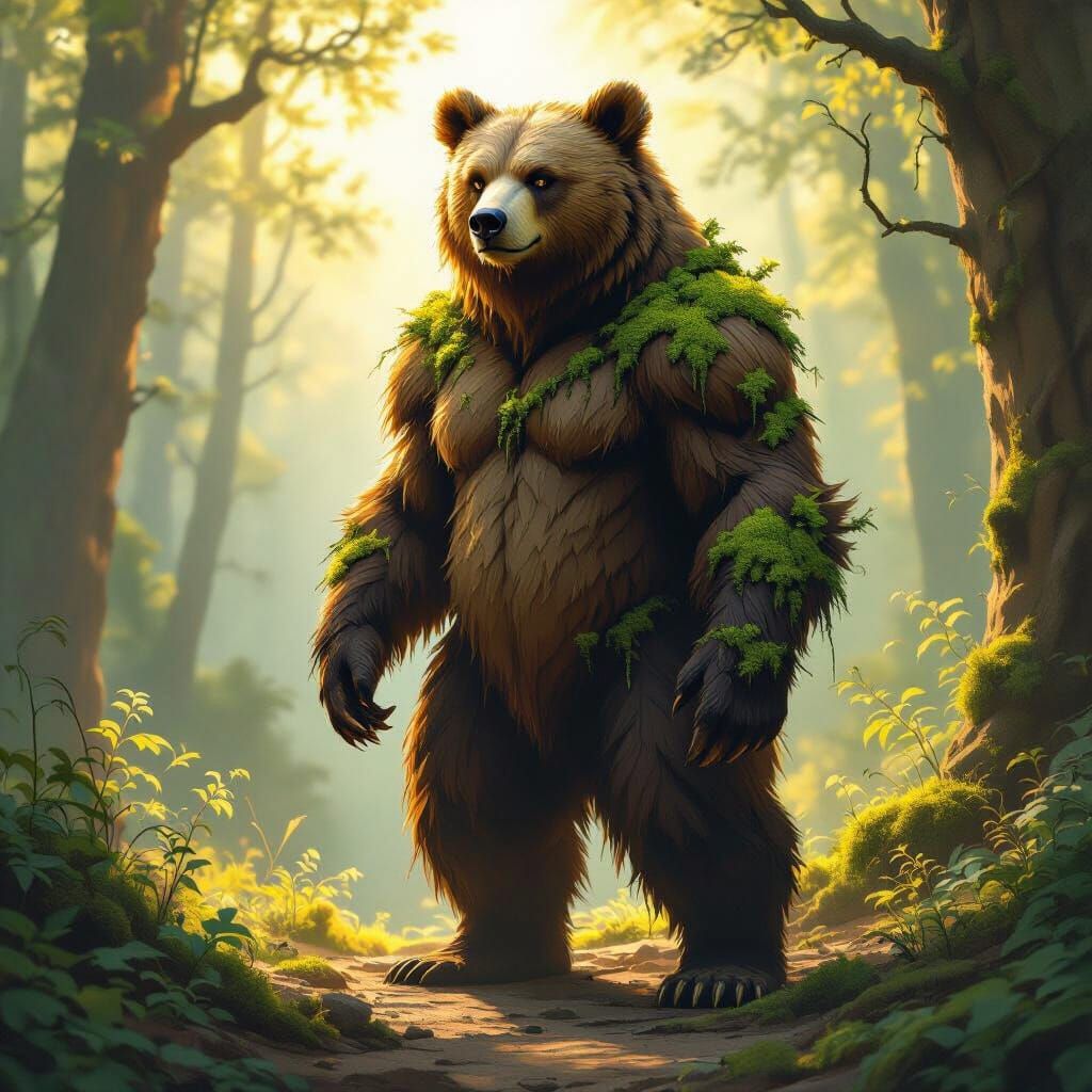 Humanoid Bear with Moss in Golden Hour Light