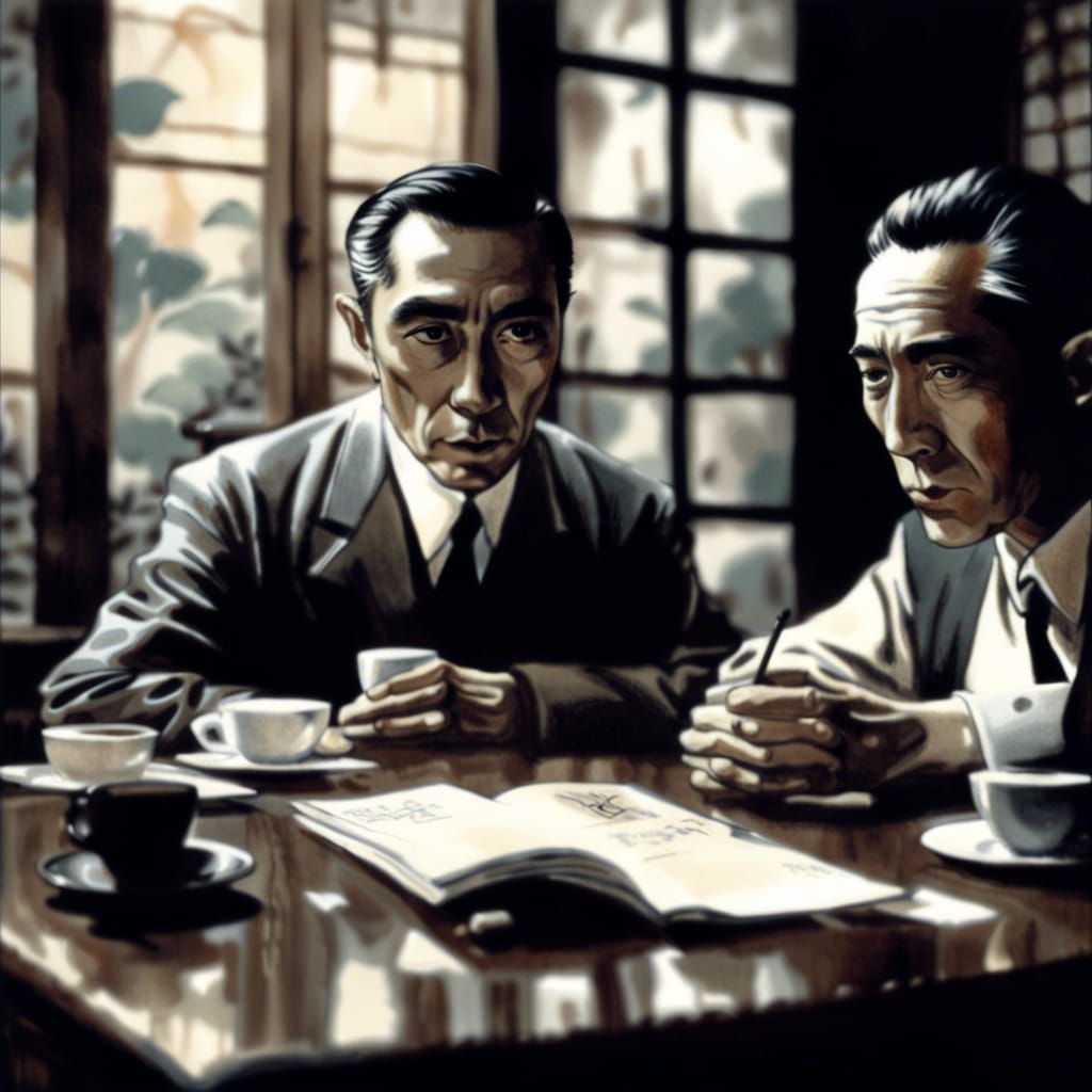 Mishima and Evola in Cafe, Watercolor Painting