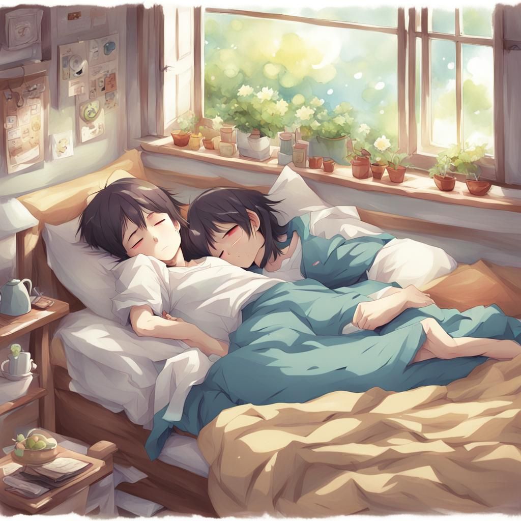 Sleepy Anime Girl in Japanese Manga Style