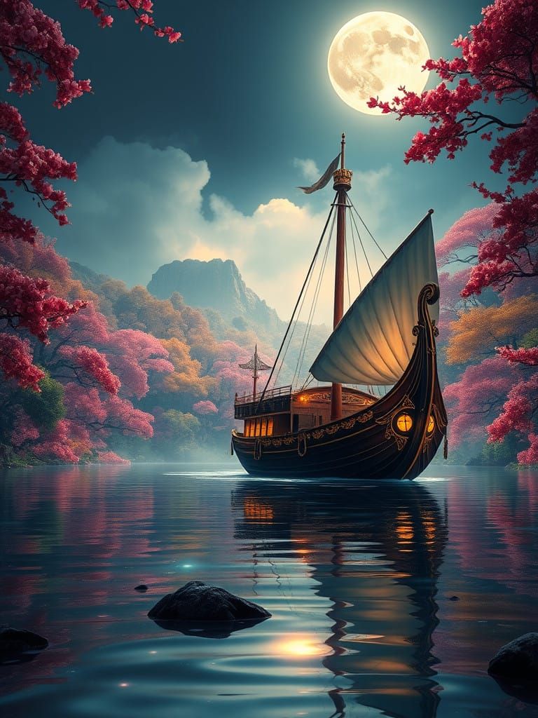 Luminous Nighttime Scene with Majestic Boat