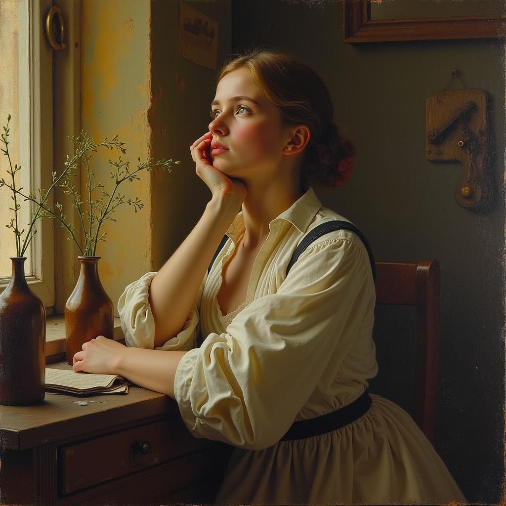 Melancholy Woman Surrounded by Memories, Oil Painting