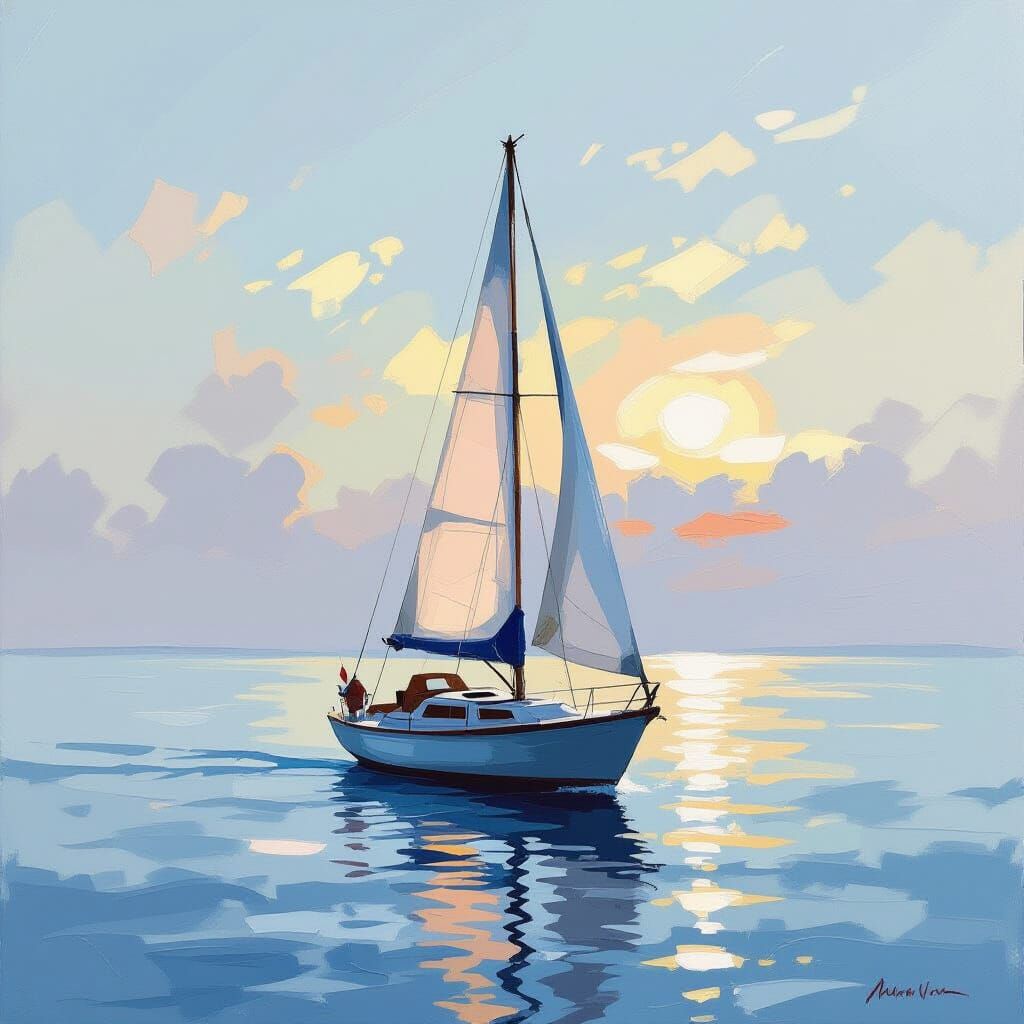 Solitary Sailboat Oil Pastel Painting on Calm Sea