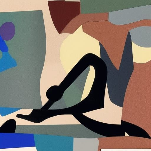 Slender angular androgynous figure lounging on sofa with distinctive expressive eyes, collage aesthetic, textures, hues,...