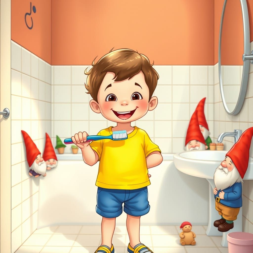 Whimsical Bathroom Scene with Child and Gnomes