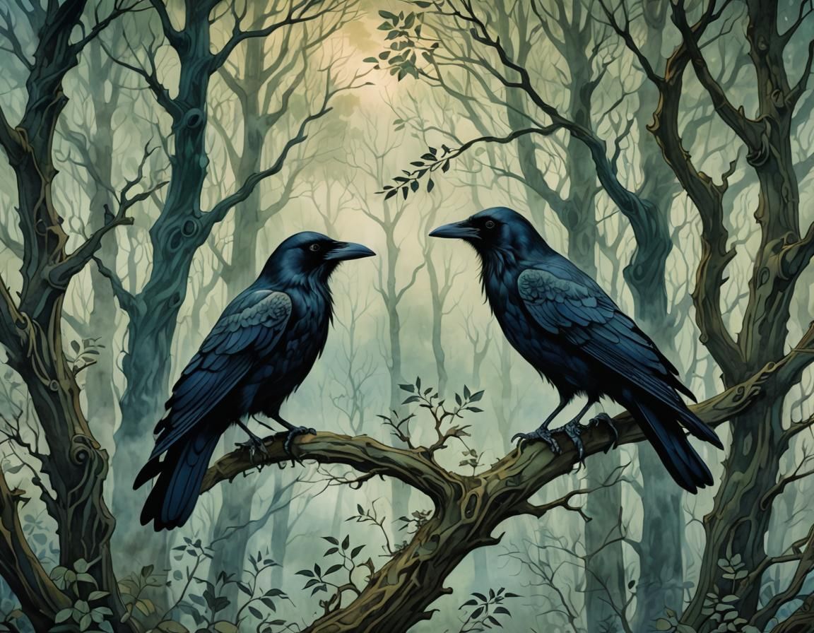 Lady Crow in Mystical Forest: Gouache Painting