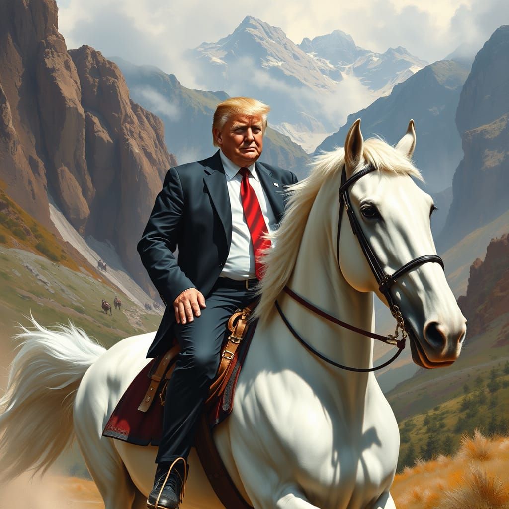 Confident Cowboy Rides Majestic Stallion in Dramatic Mountai...