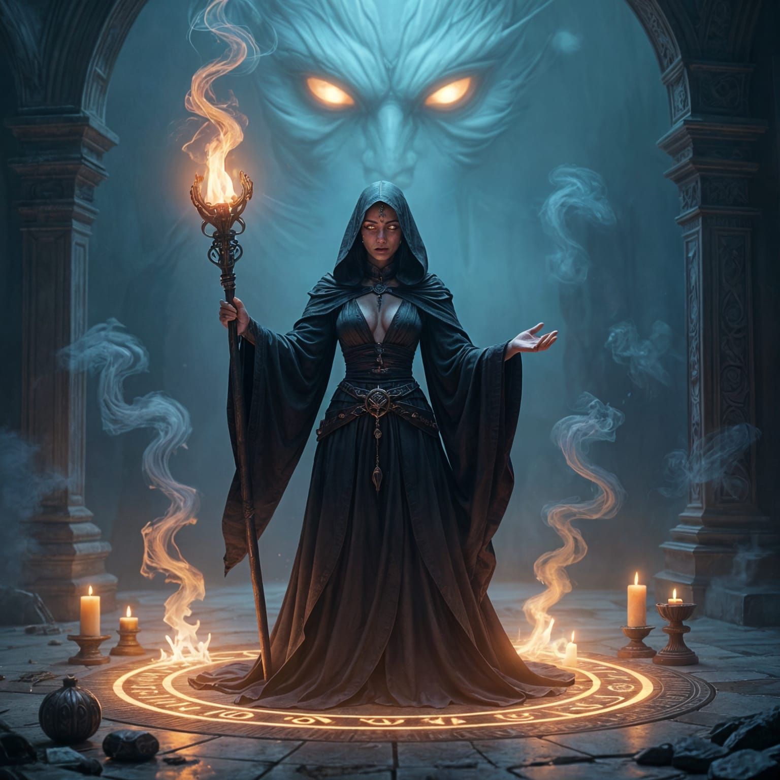 Sorceress Summons a Demon in Hyperdetailed Digital Art