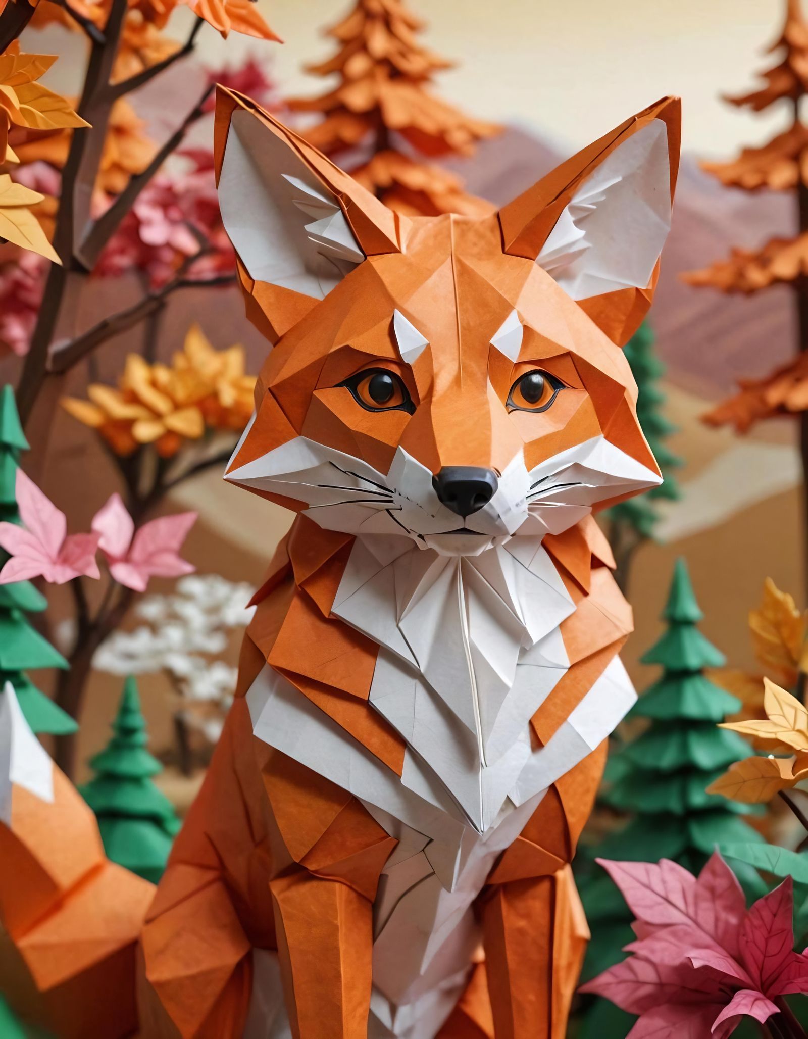 Detailed Fox Origami Portrait in Paper Style