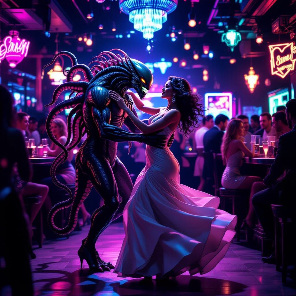 Tentacled Monster Dances with Woman in Nightclub