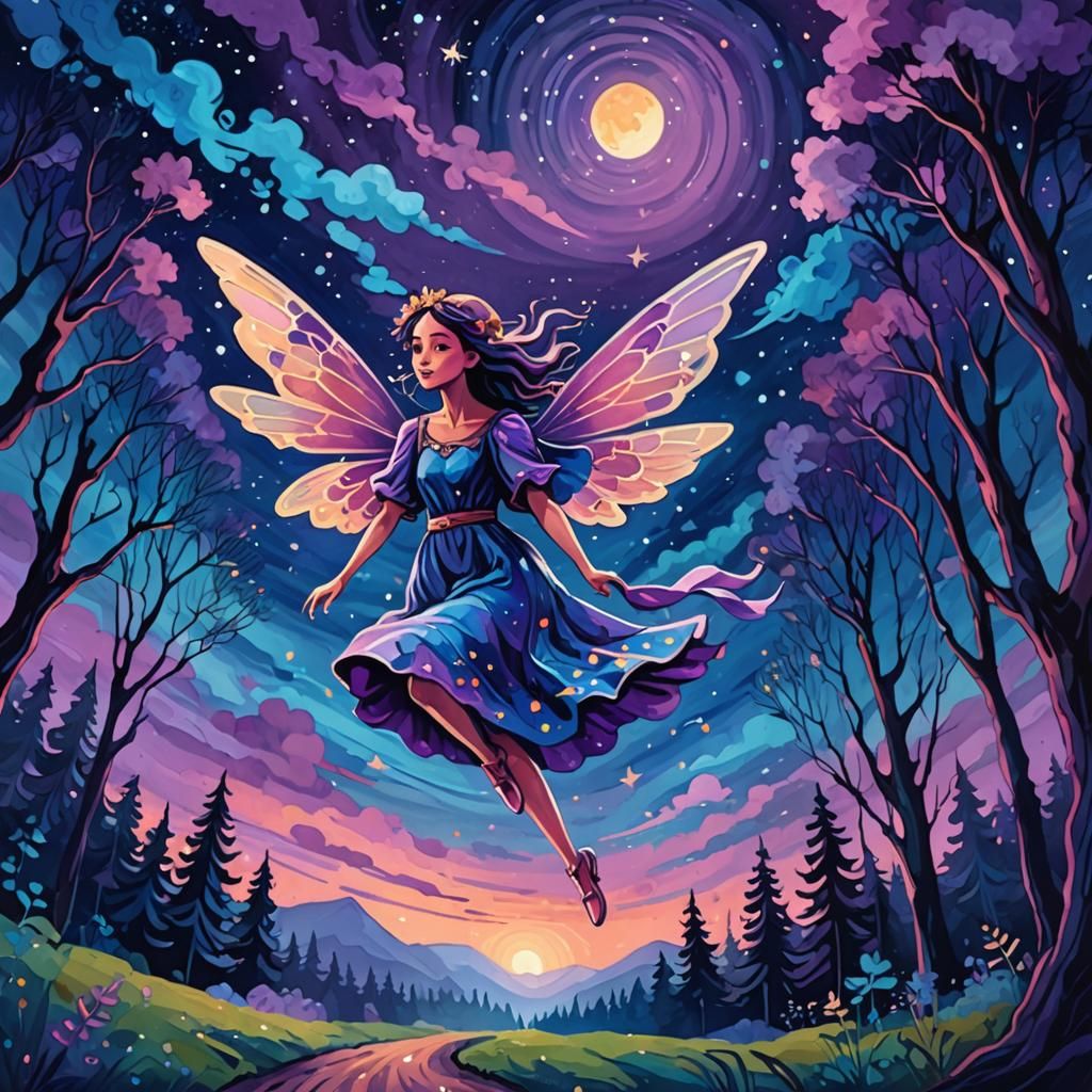 Fairy Flight Above Twilight Forest, in Fauvism Style