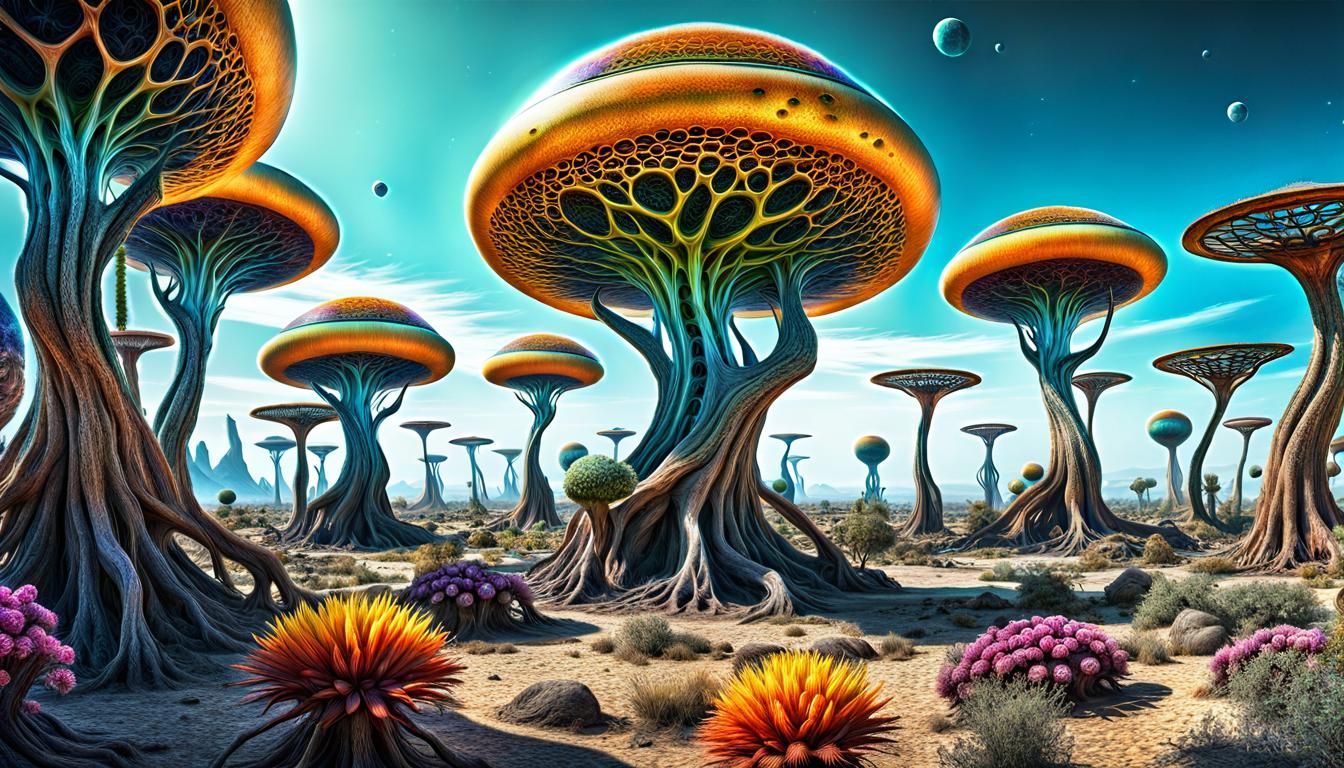 Alien Planet Panorama with Exotic Flora and Fauna