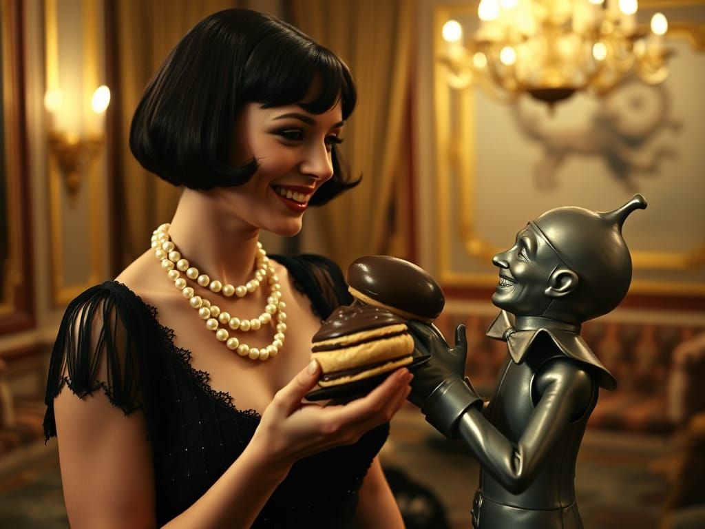 1920s Flapper Enjoys Eclair with Tin Man