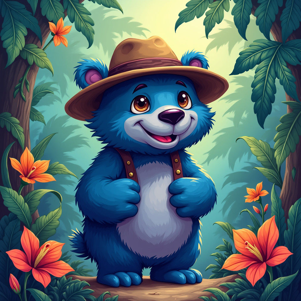 Anthropomorphic Blue Bear in Lush Jungle, Loish Style