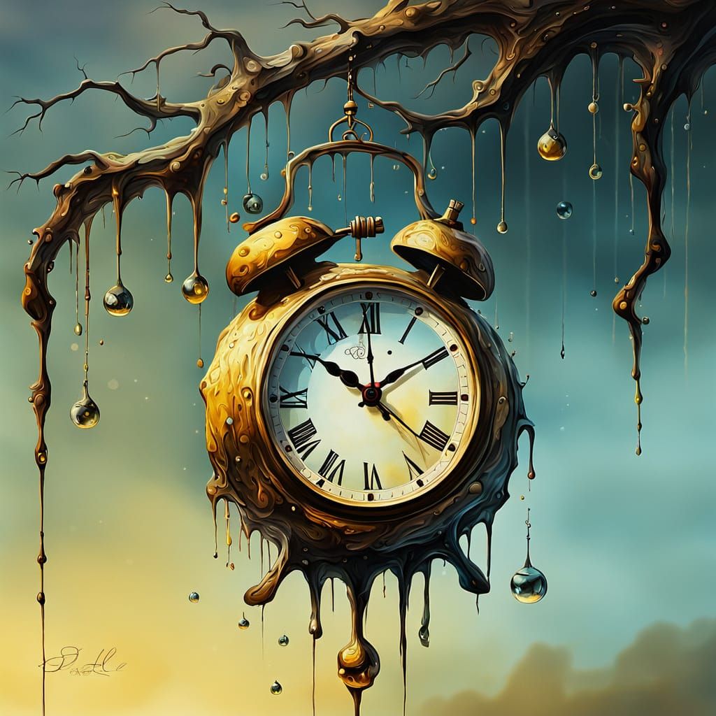 Melting Clock on Branch: A Surrealist Oil Painting