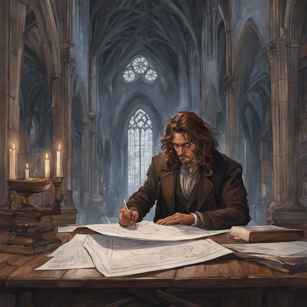 Architect in Gothic Chapel: Epic Fantasy Gouache