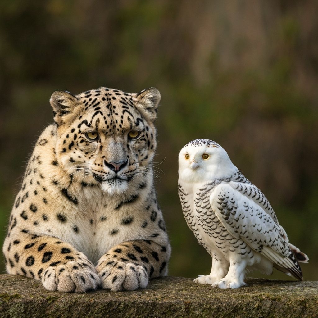 Snow Leopard and Snowy Owl in Winter