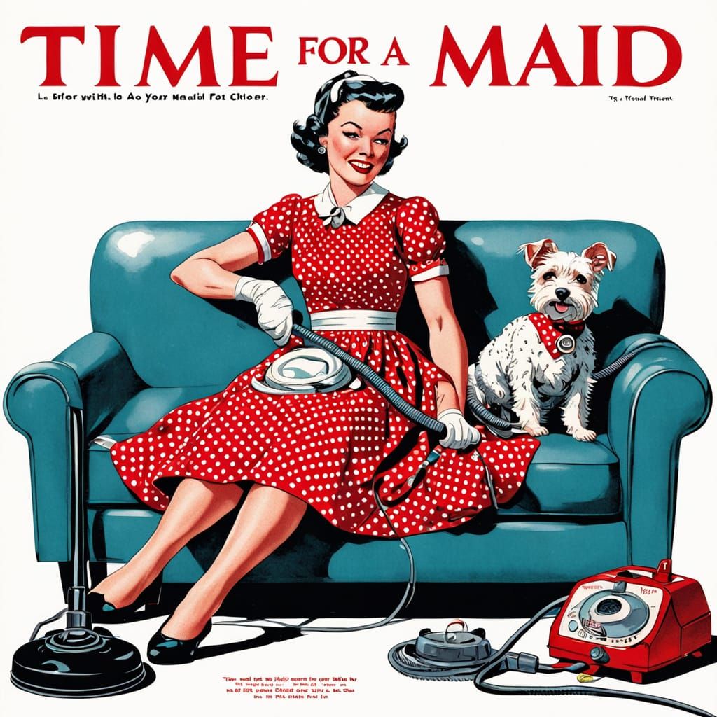 1950s Housewife in Polka Dot Dress Tangled in Vacuum Cleaner