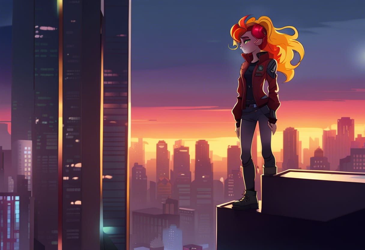 Sunset Shimmer in Cyberpunk Cityscape