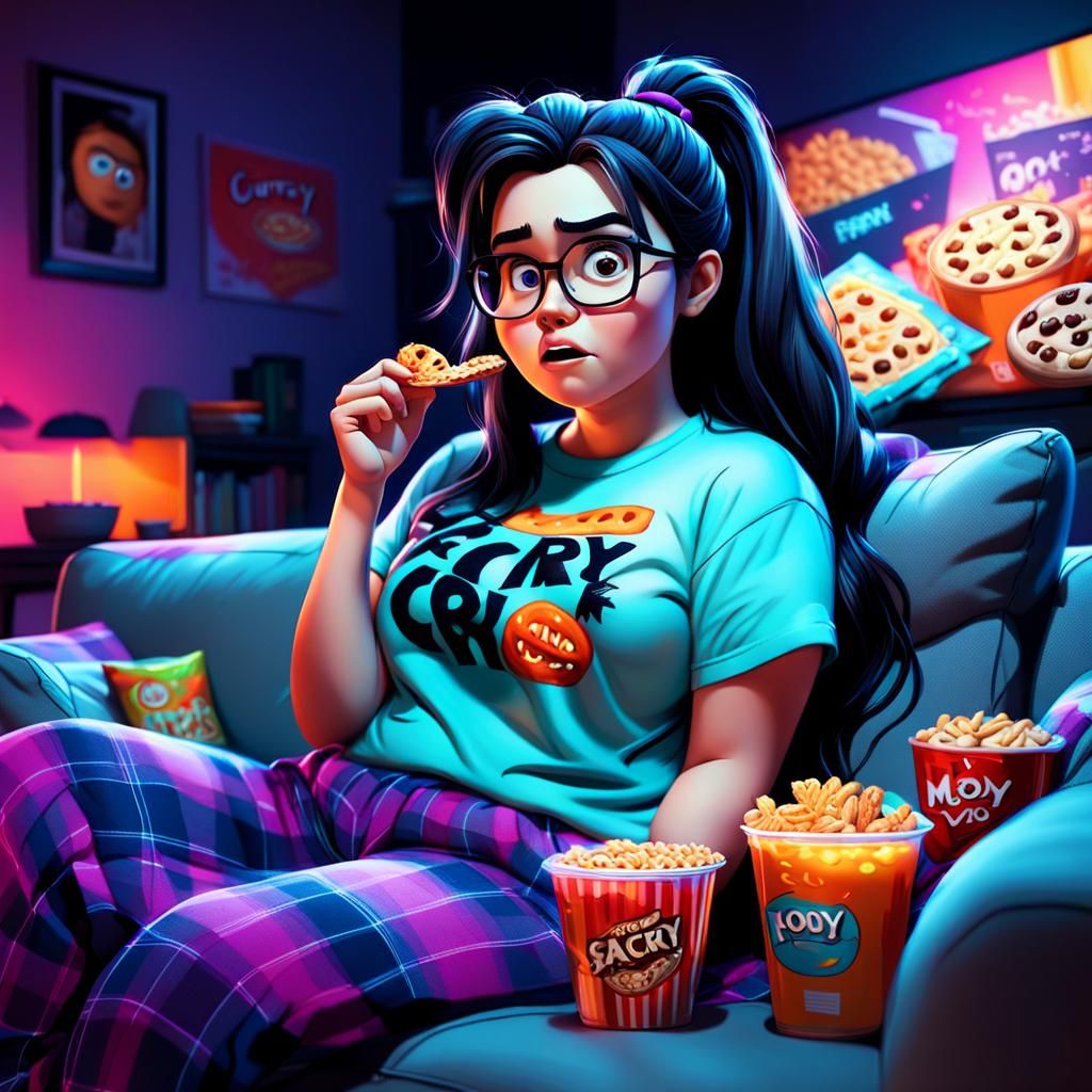 Curvy Girl Watching Movie: 3D Digital Art