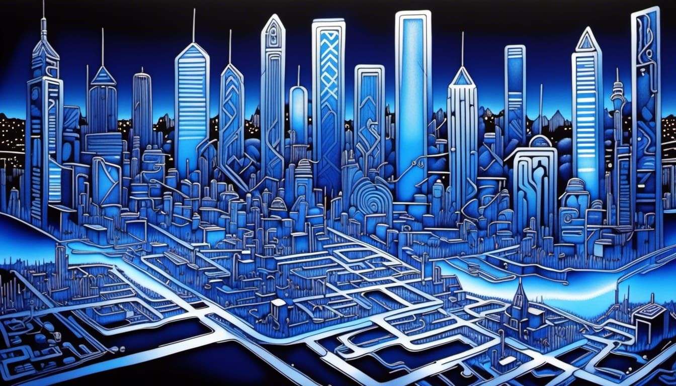 Circuit Board City Design in Retro Neon Style