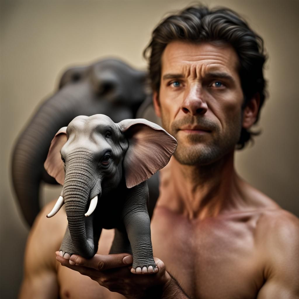 Man Holds Miniature Elephant: Professional Studio Portrait
