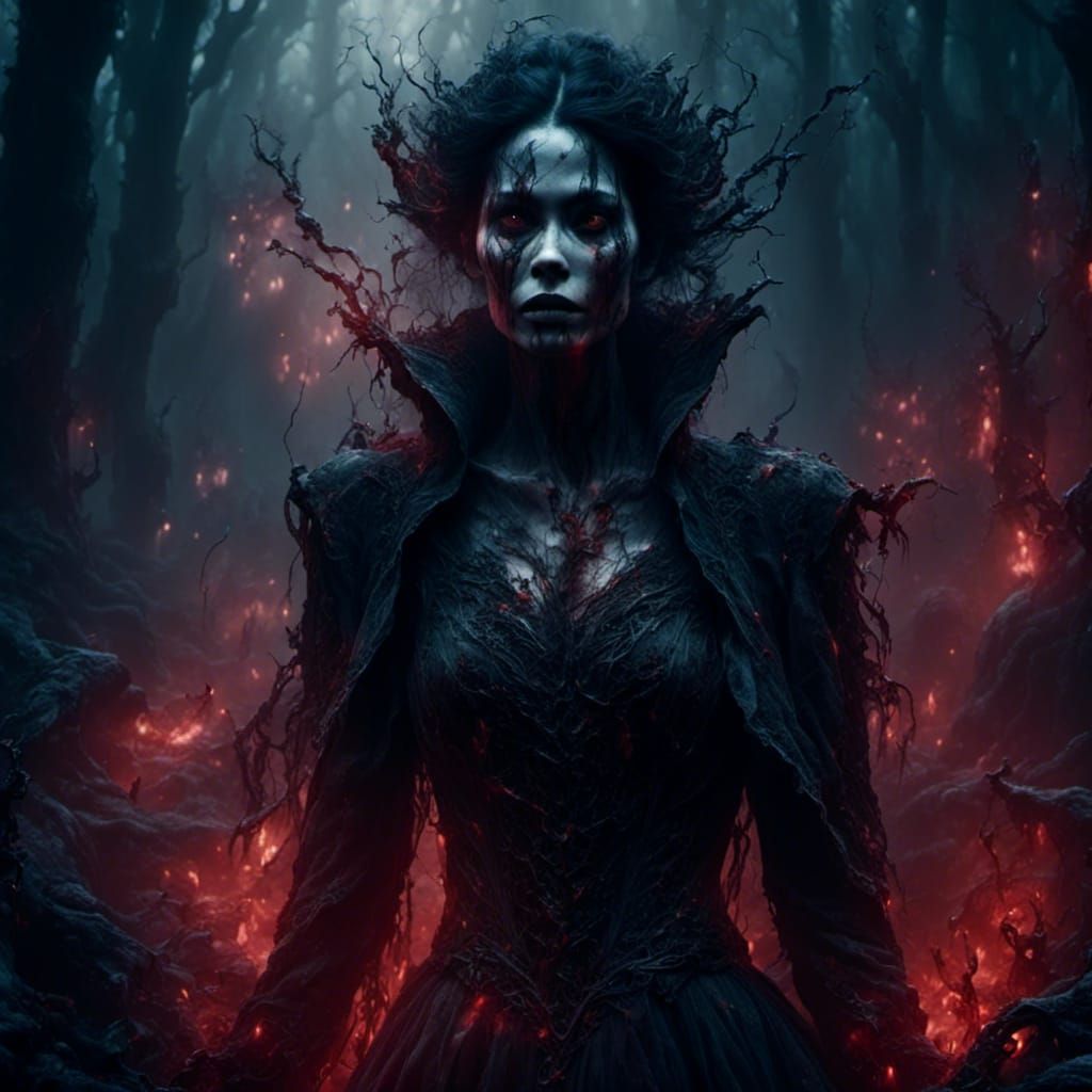 Gothic Vampire Portrait in Dark Misty Forest
