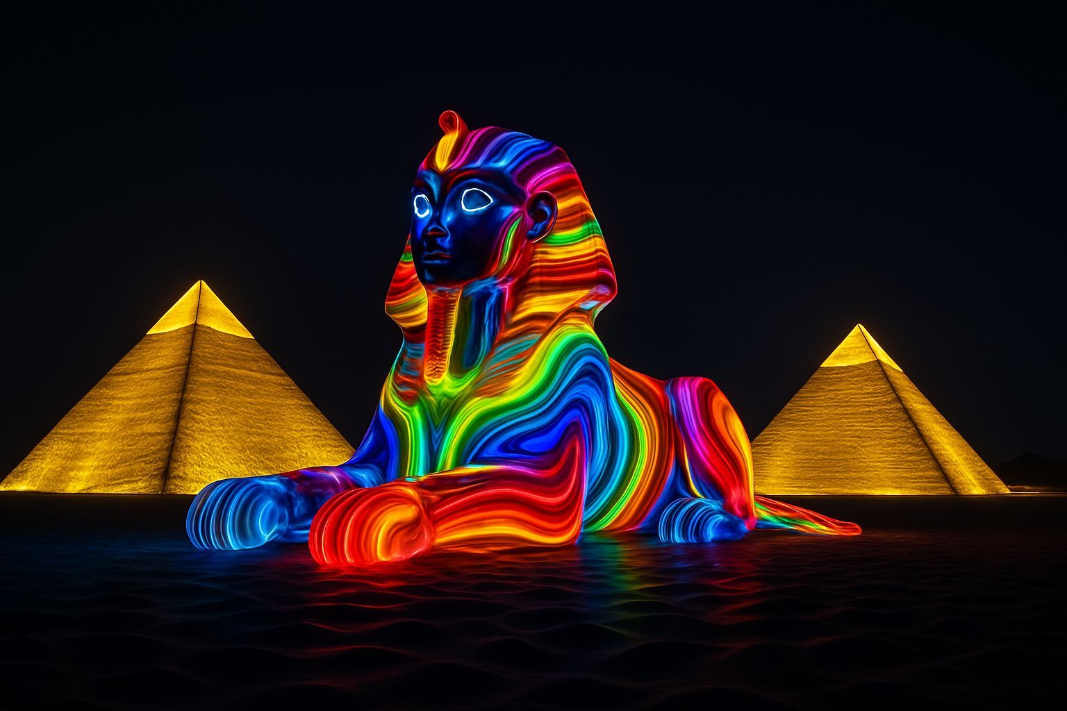 Rainbow Glass Sphinx and Golden Pyramids