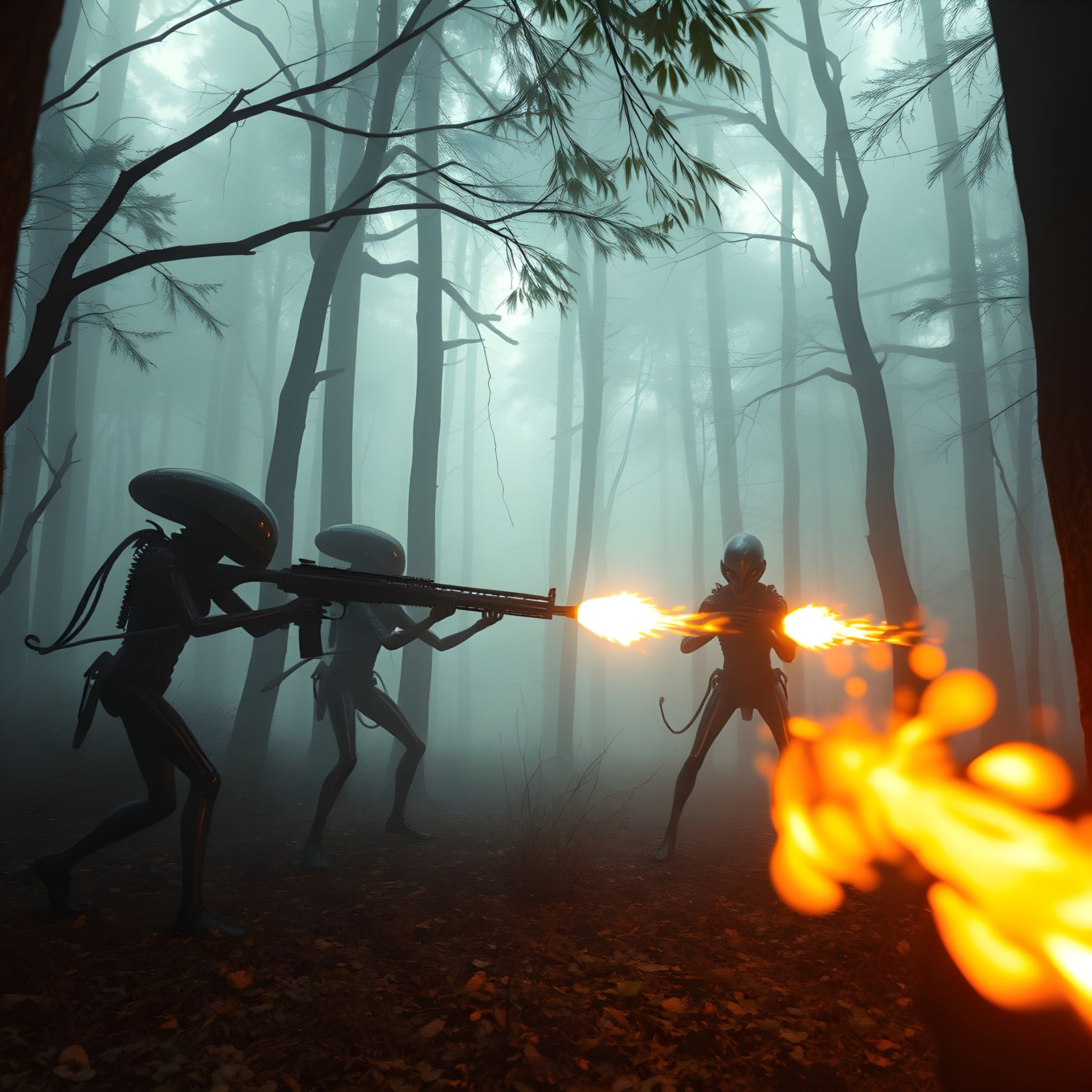 Eerie Forest Encounter with Armed Aliens